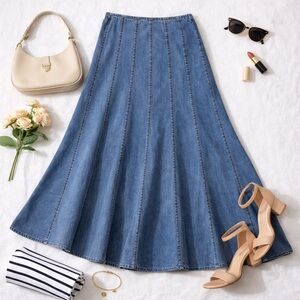 Vintage Style Denim Maxi Skirt A-Line Fit And Flare Paneled Boho Size 18
